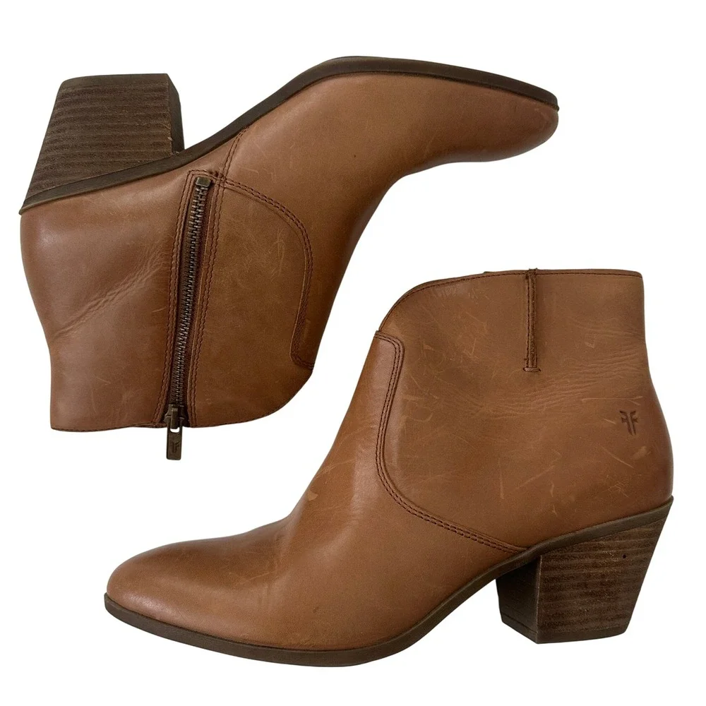 Frye Womens Cognac Brown Leather Western Ankle Booties Block Heel 9.5M